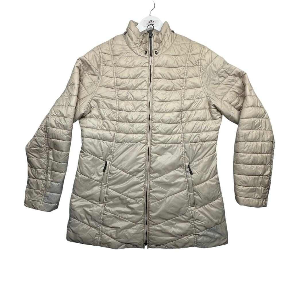 Barbour Winter Tartan Baffle Quilt Fibre Down Jacket Womens 10 Tan Coat STAINED
